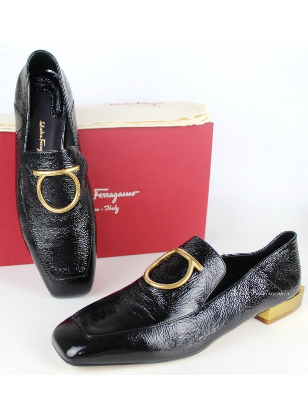 New Salvatore Ferragamo Crinkled Patent Leather Loafers, Black Office to Weekend
